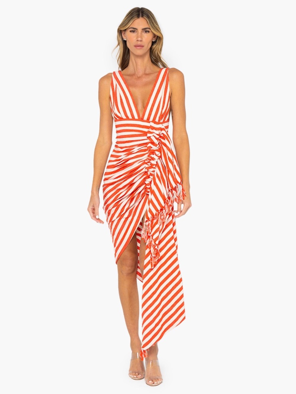 NWT Just Be Queen Tulum Striped Orange & White Wrap Midi Dress small